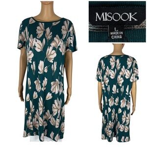 Misook Womens Large Dress Rayon Blend Knit Floral Short Sleeve Green Casual NWT
